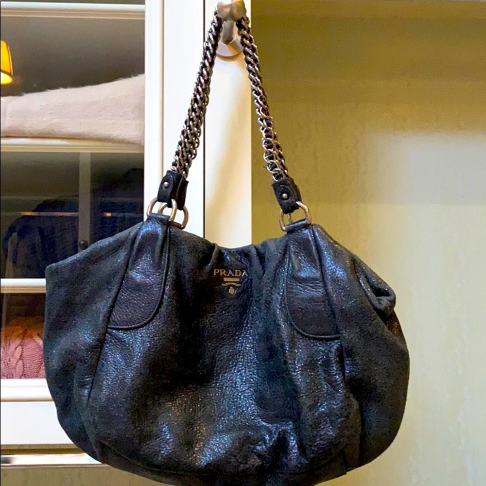 Prada Black Leather Cervo Lux Chain Tote